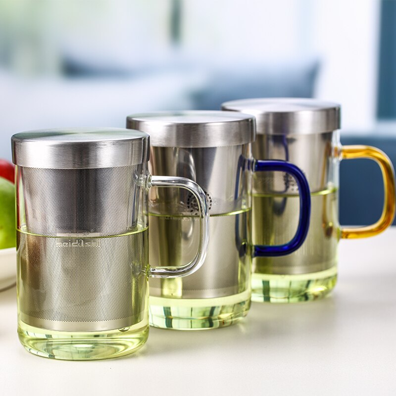 glas thee beker met roestvrijstalen theefilter, multi-color ronde handvat persoonlijke officiële cups