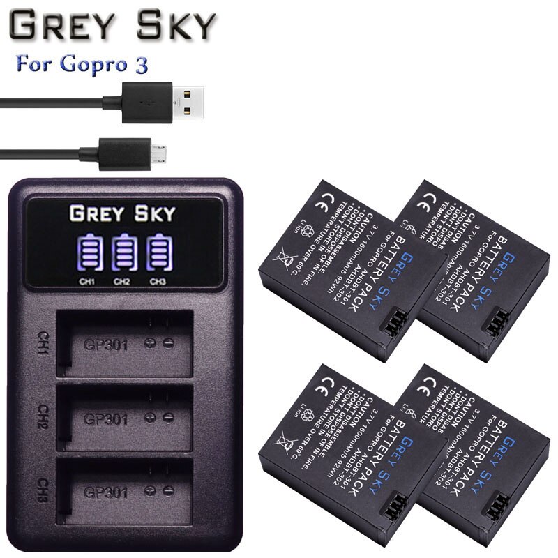 3Pcs 1600Mah Hero 3 Gopro Hero3 Batterij Vervanging + Led Dual Usb Charger Voor Gopro Go Pro Hero 3 3 + Camera: charger and 4battery