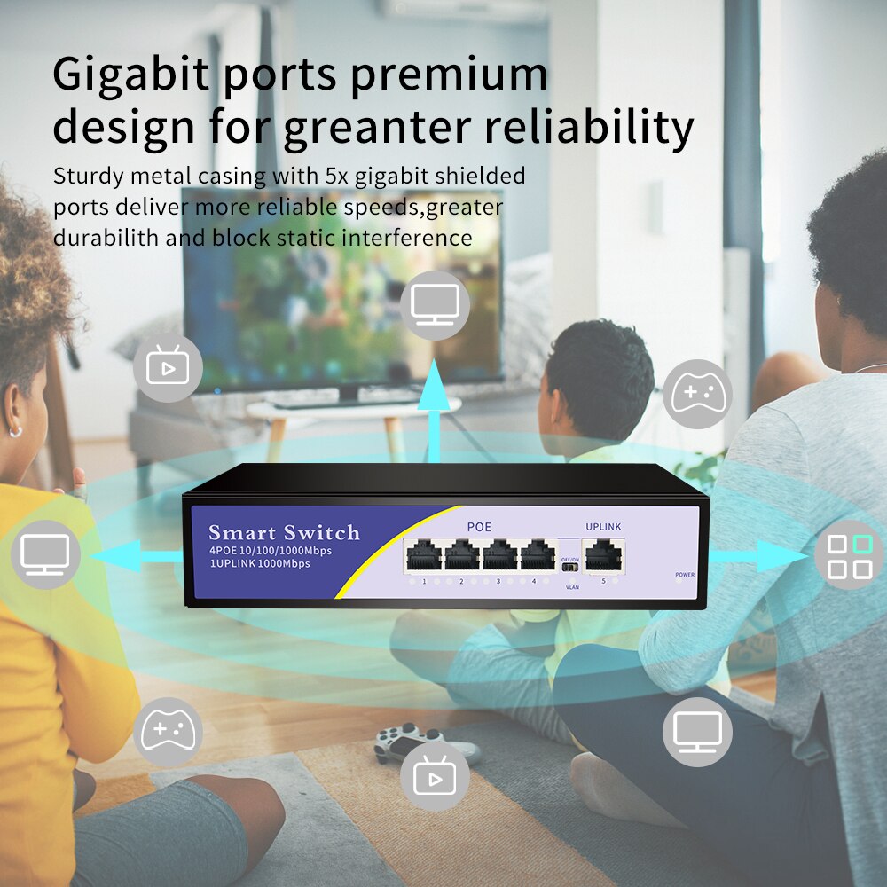KuWfi-conmutador de red de 48V, conmutador con puertos de 10/100/1000Mbps, IEEE 802,3 Af/at Ethernet POE, Gigabit, adecuado para cámara IP/Router