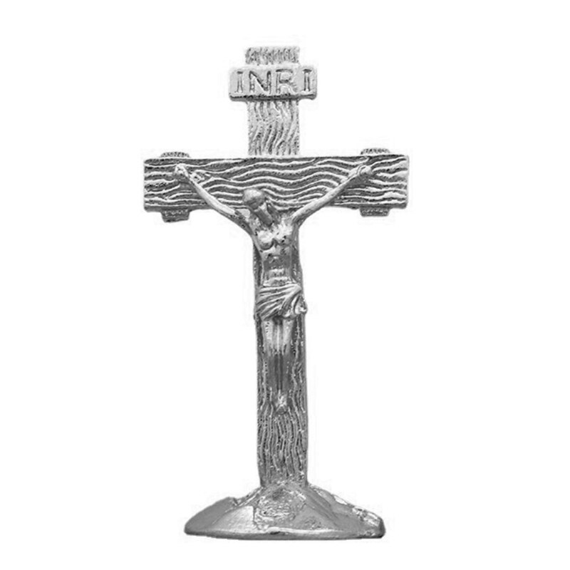 QX2E Kruisbeeld Muur Kruis Voor Opknoping Of Staand, Katholieke Houtnerf Jesus Cross Muur Tafel Decoratie Auto Ornamenten: Silver