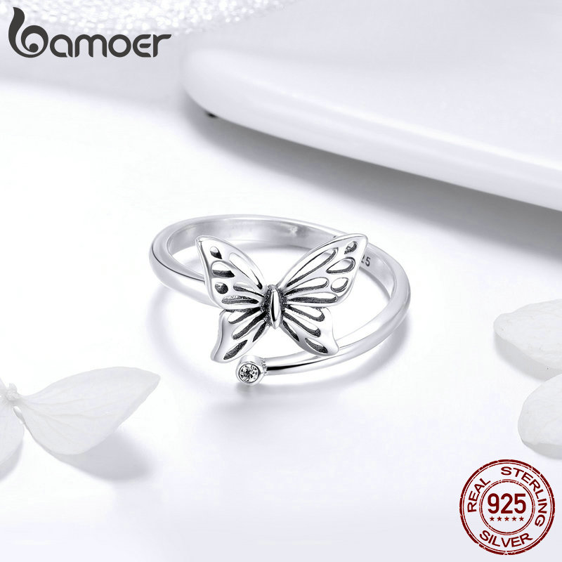 BAMOER Authentic 925 Sterling Silver Vintage Butterfly Adjustable Finger Rings for Women Wedding Engagement Ring Jewelry SCR448