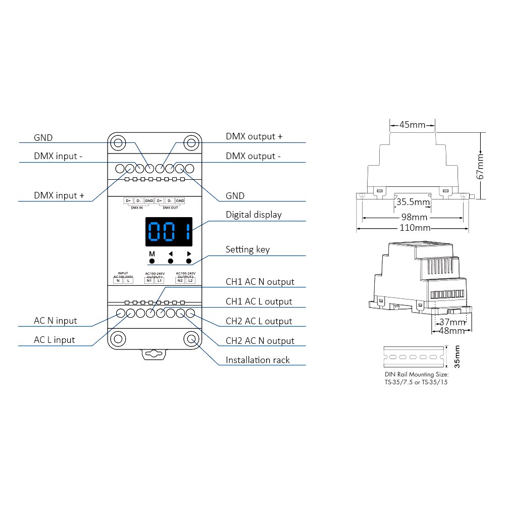DMX512 Led Dimmer 220V 230V 110V 2 Kanaals Dimbare Ac Triac Rdm Dmx Controller Trailing Edge Din rail Lamp Licht Dimmer S1-DR