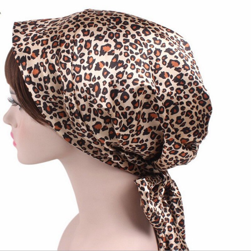 doux soie femmes nuit sommeil coiffe de tête serviette de douche chapeau réglable dames cheveux longs soins Bonnet Scraf Satin chapeau accessoires: Leopard
