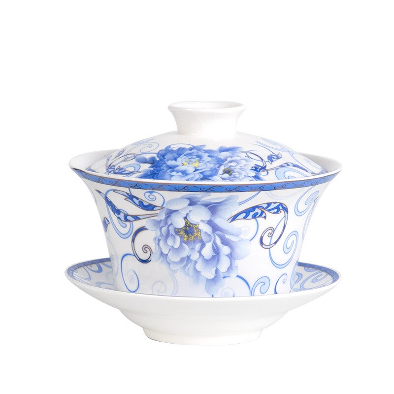 350ml Extra Big Sancai GaiWan Chinese Old Beijing Tea Bowl Jingdezhen Blue and White Porcelain Tea Cup and Saucer Set: Peony