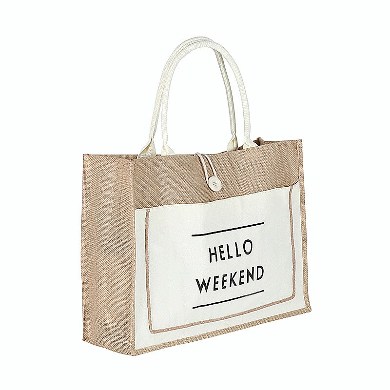 Kausal kvindelig hej weekend jute bomulds håndtasker kvinder strandtaske tryk skuldertaske kvinder stor størrelse strandtaske