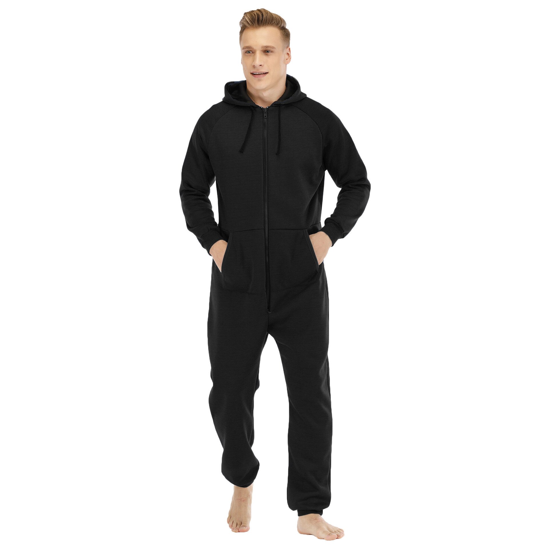 Ensemble pyjama épais pour homme, vêtements d'hiver, manches longues, capuche, fermeture éclair à l'avant, doublure polaire, tenue longue: Black / XXL