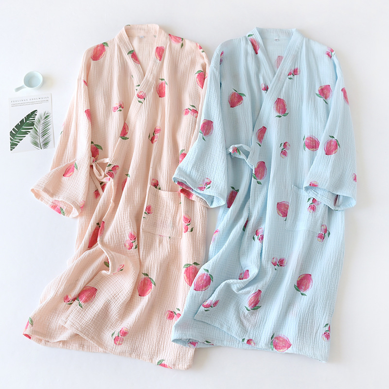 Spring Woven Crepe Nightgown Women&#39;s Thin Cotton Absorbent Shower Robe Japanese Cardigan Lace Bathrobe Long Kimono