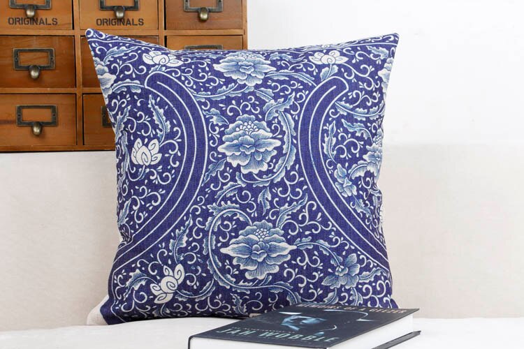 Blå og hvid kina blomst boligindretning pude pude/pynte hør bomuld sofa puder/bil pyntepuder: D 45 x 45cm