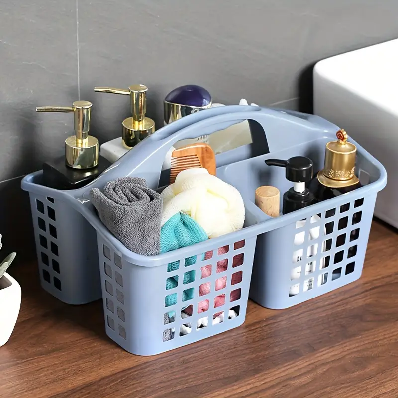 Cesta de plástico para ducha con compartimentos, organizador de almacenamiento de suministros de limpieza dividido portátil con asa para dormitorio y baño: Verde