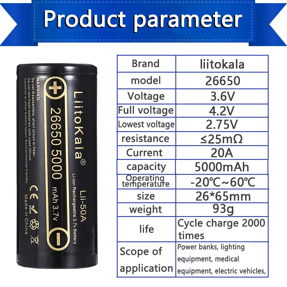 LiitoKala Lii-50A 26650 5000mAh Bateria litowa 3.7V 5000mAh 26650 Akumulator 26650-50A Odpowiednia do latarki