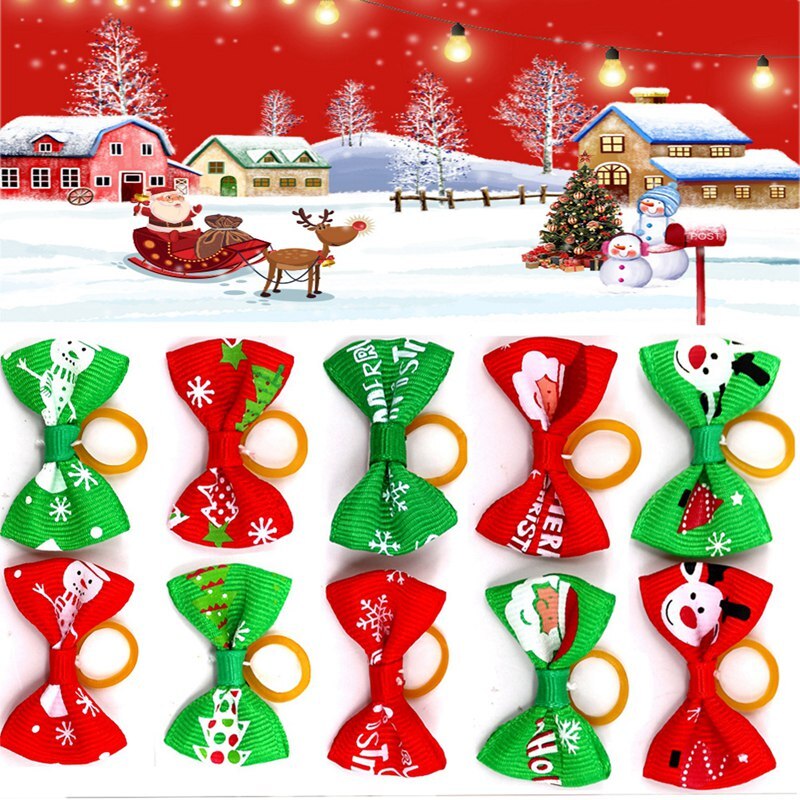 10 unidades/bolsa de tocado navideño para mascotas, lazo para mascotas, lazos de cabello con bandas de goma, accesorios para el cabello para perros, lazos para el cuidado del perro, producto para mascotas: Default Title