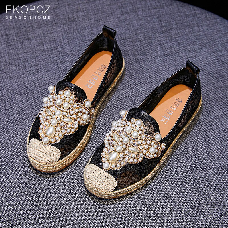 Strass Perles Espadrilles Femmes Sandales Maille Chaussures Plates D'été Respirant Lolita Sans Lacet Dames Chaussures Mocassins