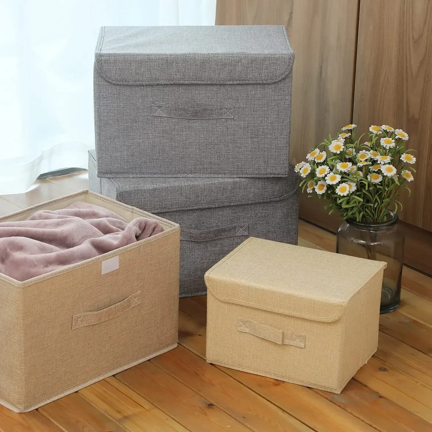 Große Schrank-Organizer-Boxen mit Deckeln Zusammenklappbare Dekorative Aufbewahrungsboxen Stoffbehälter für Wohnzimmer, Studentenwohnheim, Kinderzimmer