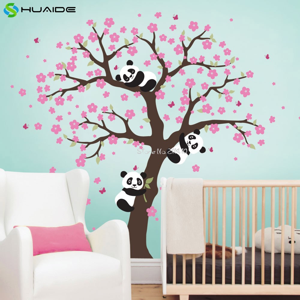 Leuke Panda En Cherry Blossom Tree Muursticker Voor Nursery Grote Boom Muurstickers Voor Kinderkamer Meisje Jongen Kamer muur Tattoo A400