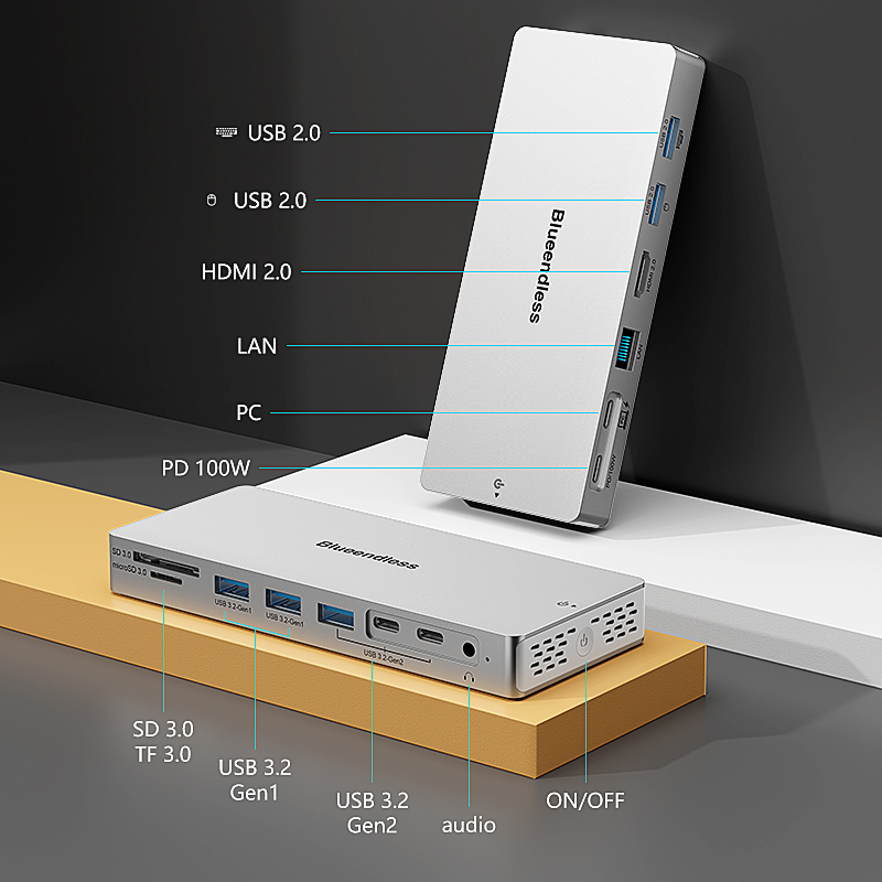Usb-c dockningsstation för bärbar dator 14 -i- 1 hdmi 2.0 usb 3.2 rj45 pd 4k 60hz hubb för macbook hp dell surface lenovo