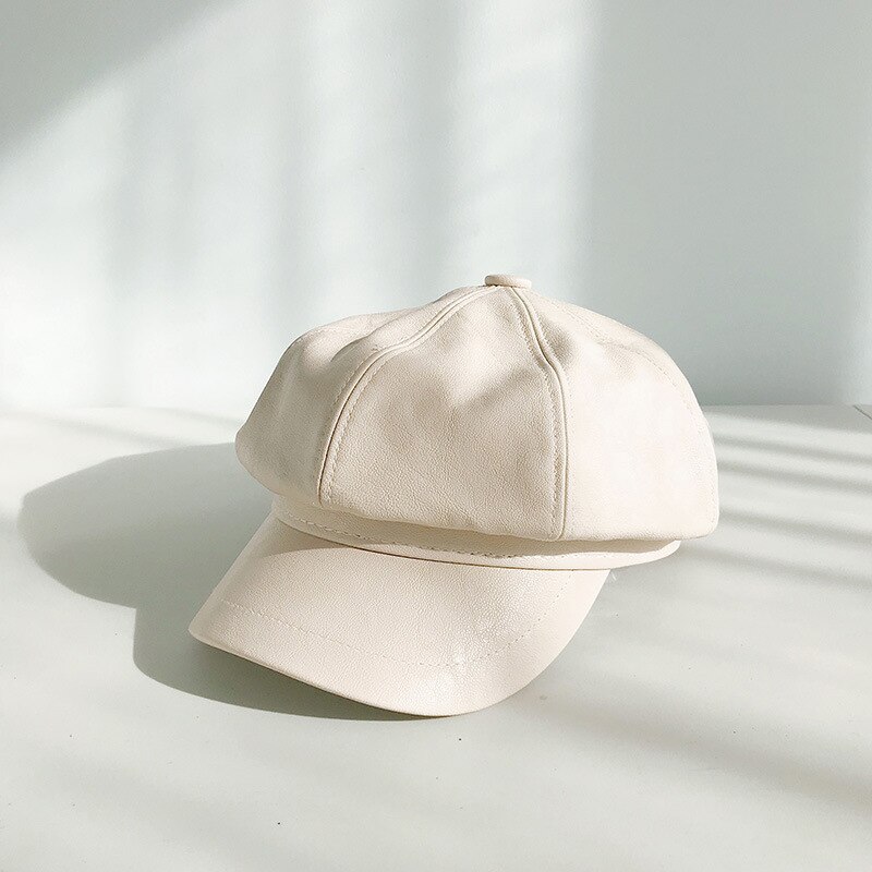 Groene Winter Achthoekige Cap Meisjes Baret Hoeden Voor Vrouwen Hoeden Krantenverkoper Cap Vrouwelijke Britse stijl PU Lederen Baretten Hoed voor straat: beige
