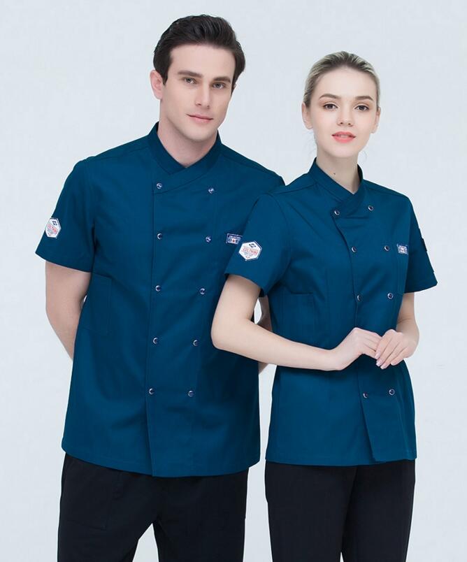 Kok køkken arbejdstøj top sommer kortærmet kok service restaurant hotel tjener overalls jakke arbejdstøj værktøj uniform: Blå / M