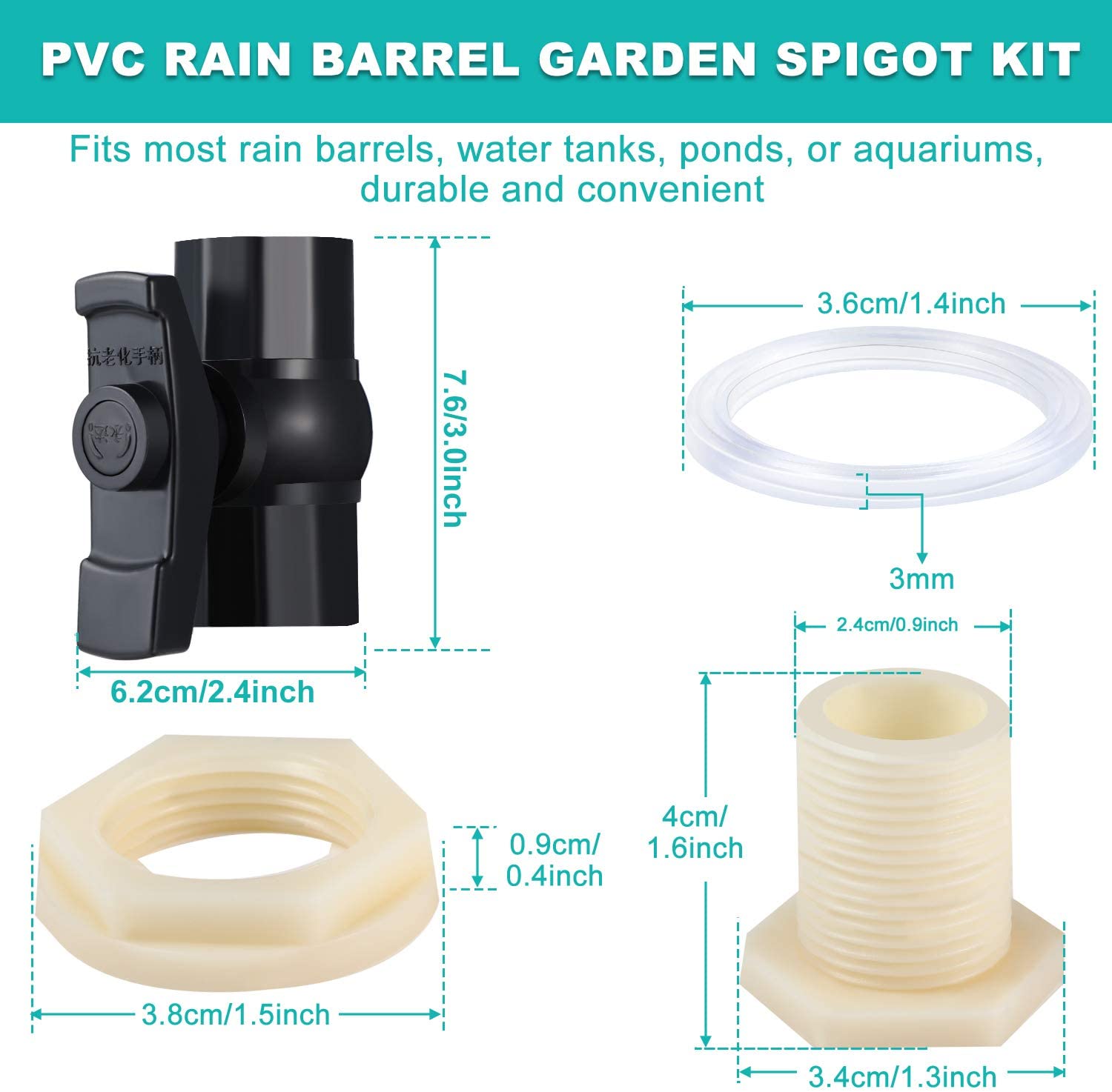 Rain Barrel Garden Spigot 3/4 Inch PVC Ball Valve (Female Thread) with Bulkhead Fitting Adapter (Male Thread) for Aquariums Pool