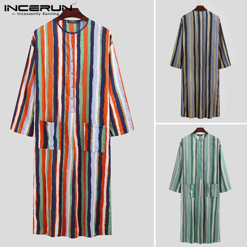 Mannen Saudi Stijl Gestreepte Jubba Thobe Mannen Zakken Abaya Moslim Kaftan Robe Lange Mouwen V-hals Islamitische Arabische Kleding 5XL incerun