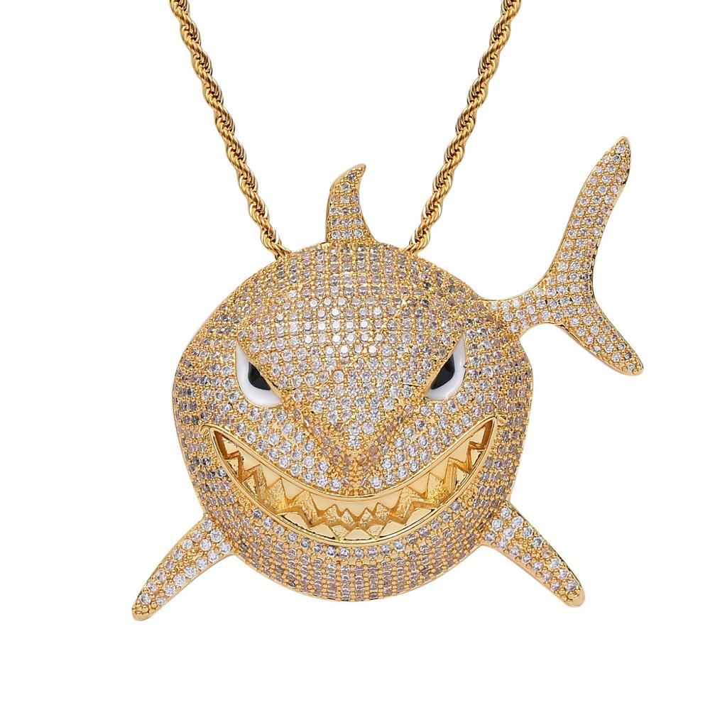 Glacé grande taille 6IX9INE requin pendentif 2 couleurs AAA Zircon collier pour hommes femmes Hip hop bijoux