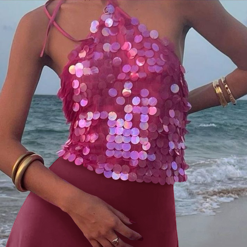 Sequin Beaded Crop Tops Coquette Multi-layers Sleeveless Camis Sparkly Glitter Tank Top Women Y2k Fiary Going Out Vest