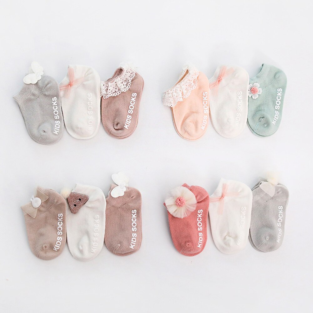 3 Paia/pacco Appena nato Del Cotone Della Caviglia Calzini E Calzettoni bambino anti-Pavimento antiscivolo Calzino Del bambino Delle Ragazze 3D Increspato Bowknot Del Merletto Del Fiore Calzini E Calzettoni principessa