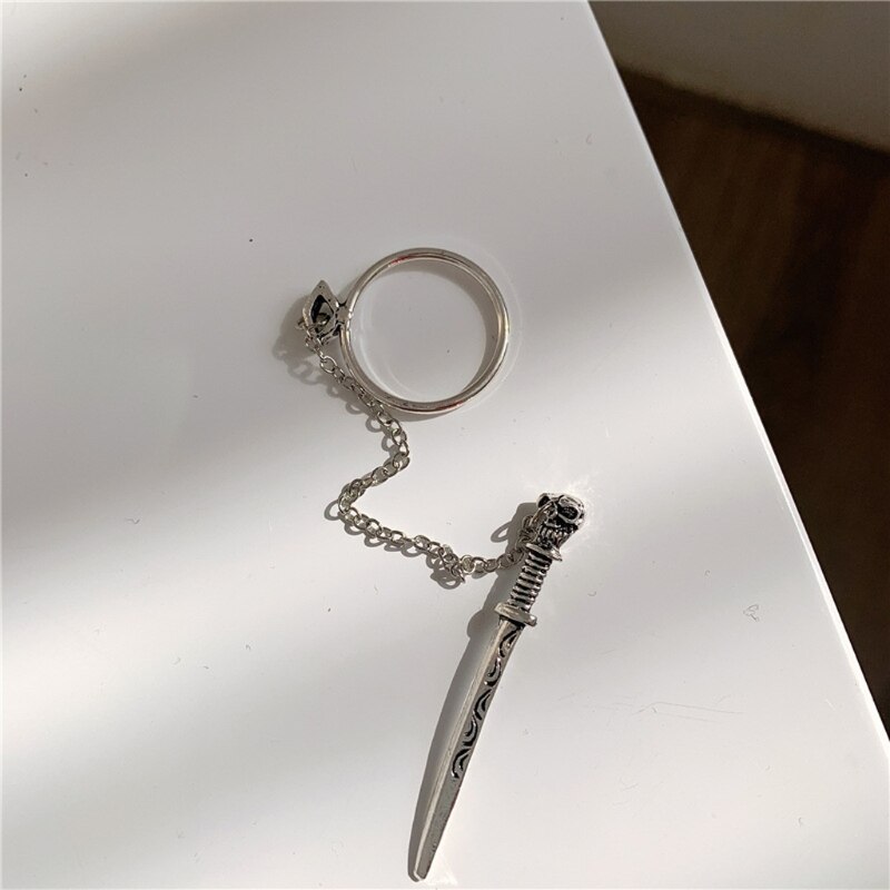 Gothic Punk Schedel Zwaard Beweegbare Plug-In Vinger Ring Middeleeuwse Ridder Dolk Ketting Ring Band Vintage Statement Sieraden