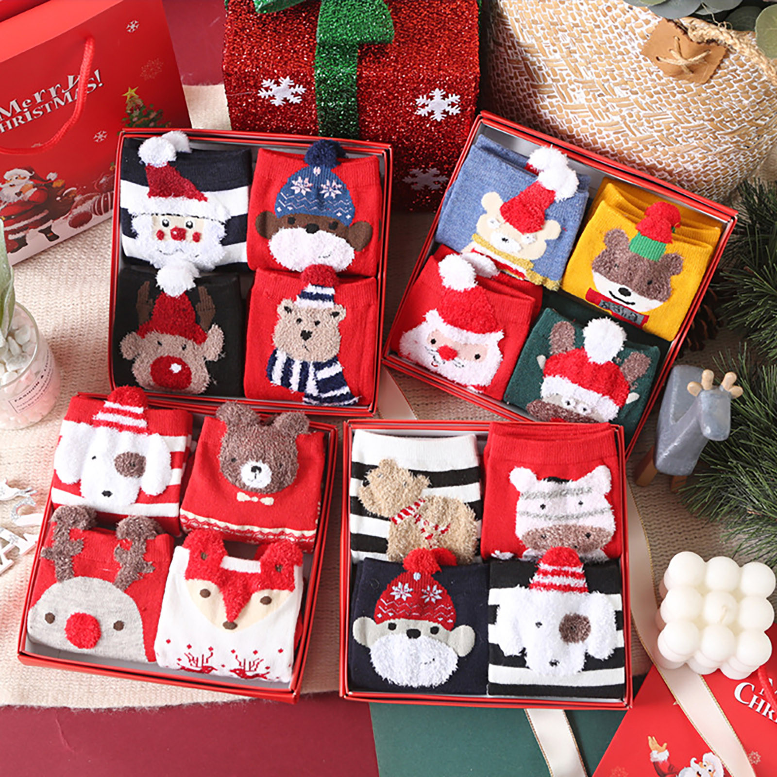 4 Paires Chaussettes Noël - Coton Femme Mi-mollet - Cartoon Décoratif - Hiver Festif