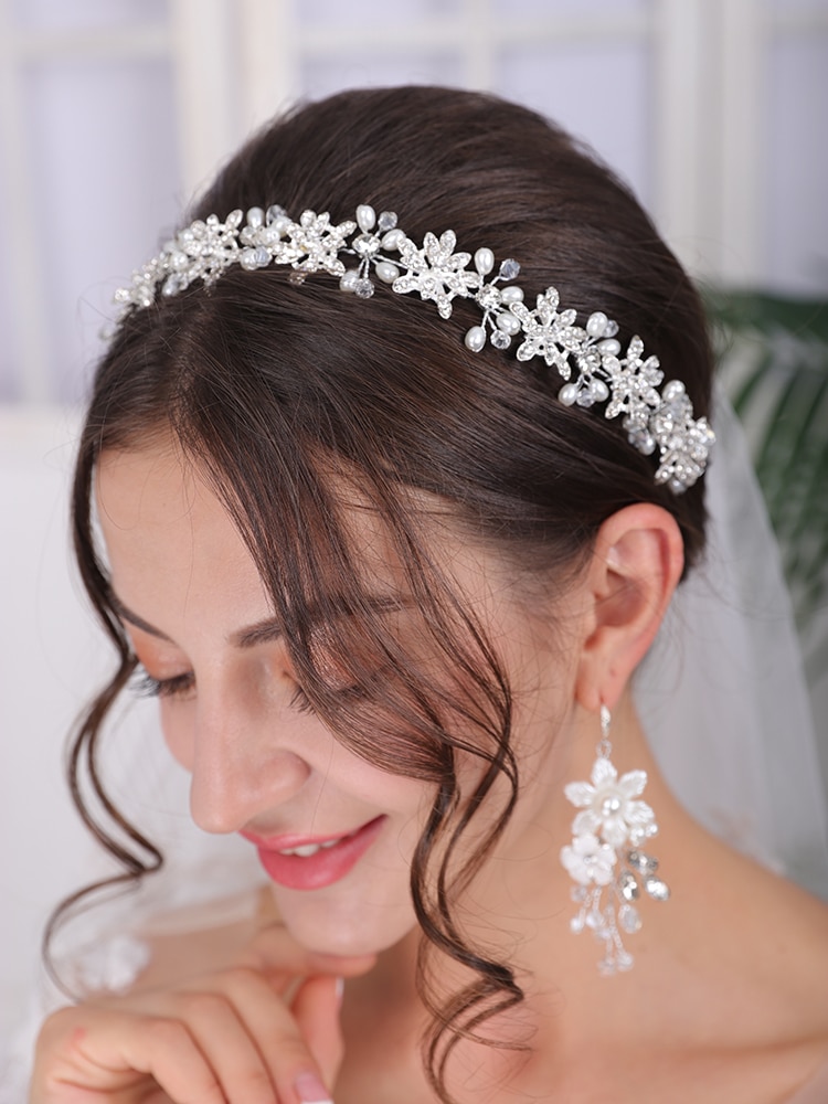 Tiare en argent coiffure de mariage brillant strass perle luxe bandeau femmes cheveux ensemble de bijoux accessoires de cheveux de mariée