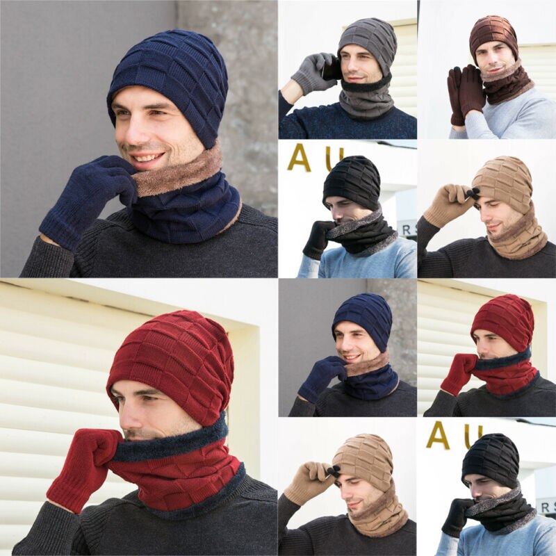 Mænd kvinder vinter 3 stykke sæt strik beanie hat tørklæde touchscreen handsker varm dragt