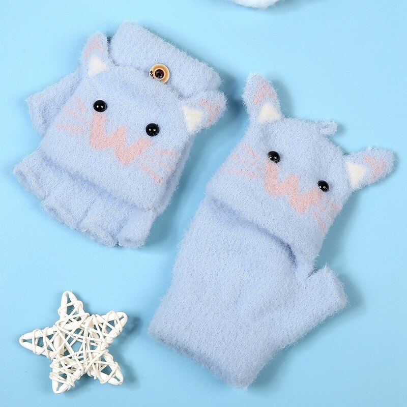 Nette Karikatur Baby Handschuhe freundlicher Winter Gestrickte Fäustlinge Handschuhe Dicke Warme Halb Finger Handschuhe freundlicher Fingerlose Handschuhe für Mädchen: Blau