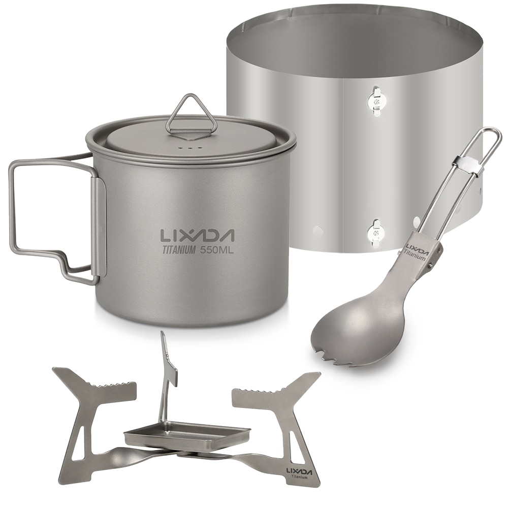 Lixada extérieur 4 pièces Camping titane batterie de cuisine ensemble 550ml tasse à eau tasse pliant solidifié alcool poêle Spork cuillère pare-brise: 550ml 4pcs set