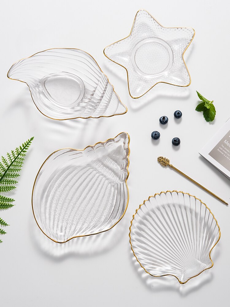 Gylden kant glas plade diy hav konkylie kammusling smykker opbevaring salat plade dessert skål middag plader sushi plade sashimi plade