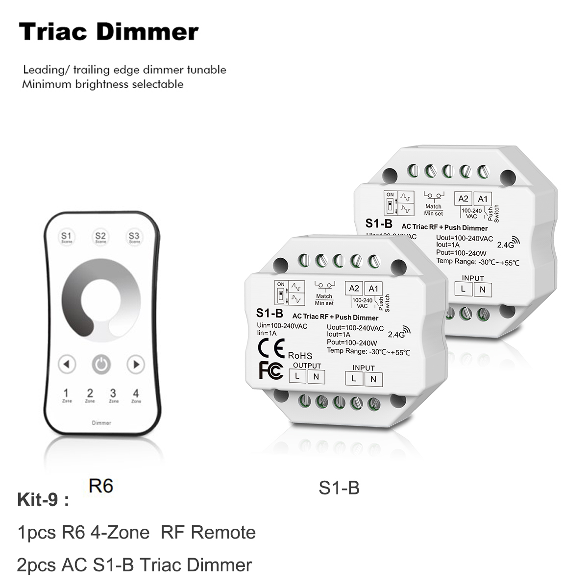 Interruptor de atenuación inalámbrico LED Triac de AC110V-220V, control remoto de atenuación táctil de 4 zonas para LED de un solo Color, 2,4G, S1-B: Kit-9