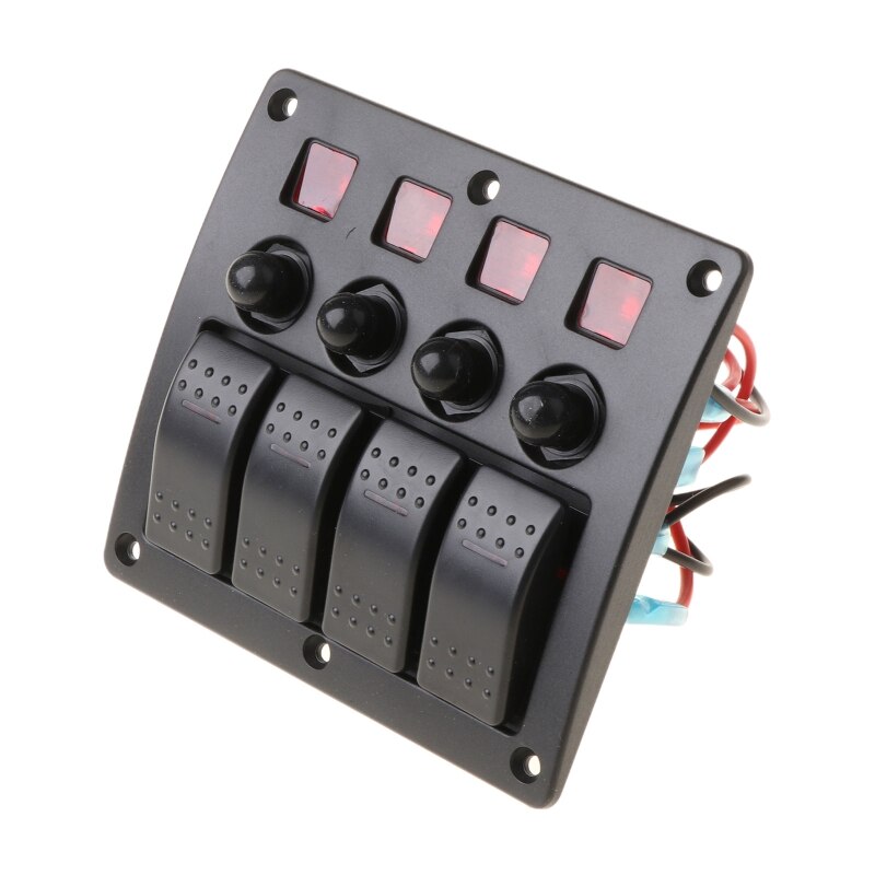 4 Gang Red LED Waterproof Rocker Panel Switch w/Lens For Marine Boat 12-24V