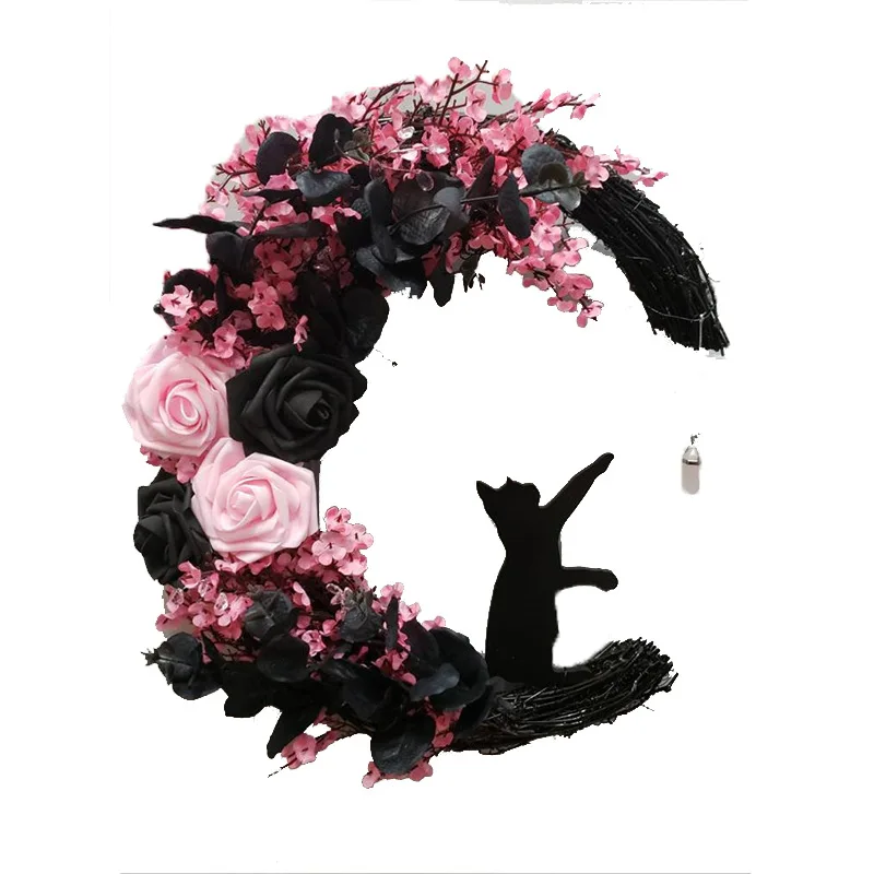 Halloween Maan Kat Slinger Deur Opknoping Decoratie Feestelijke Dode Tak Kitten Wijnstok Cirkel Sfeer Decoratie Deur Krans