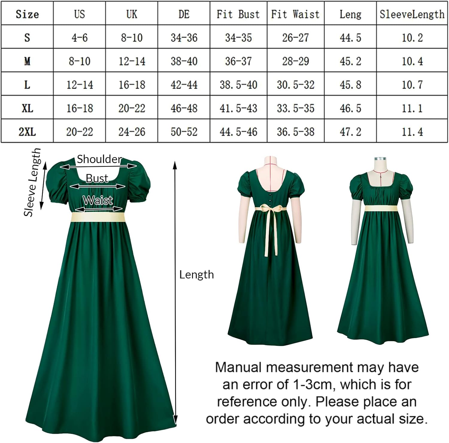 Grünes Regentschaft kleid für Frauen kostüm mit Schärpe Empire Taille gekräuseltes langes Kleid mit Puff ärmeln für Partys, Hochzeiten und Gala