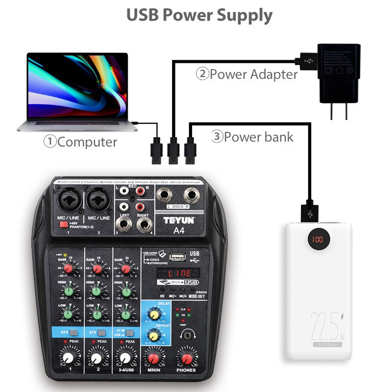 TEYUN A4 Console di missaggio Audio 4 canali Mixer Audio USB Bluetooth USB Record Computer 48V Phantom ritardo alimentazione effetto Repaeat