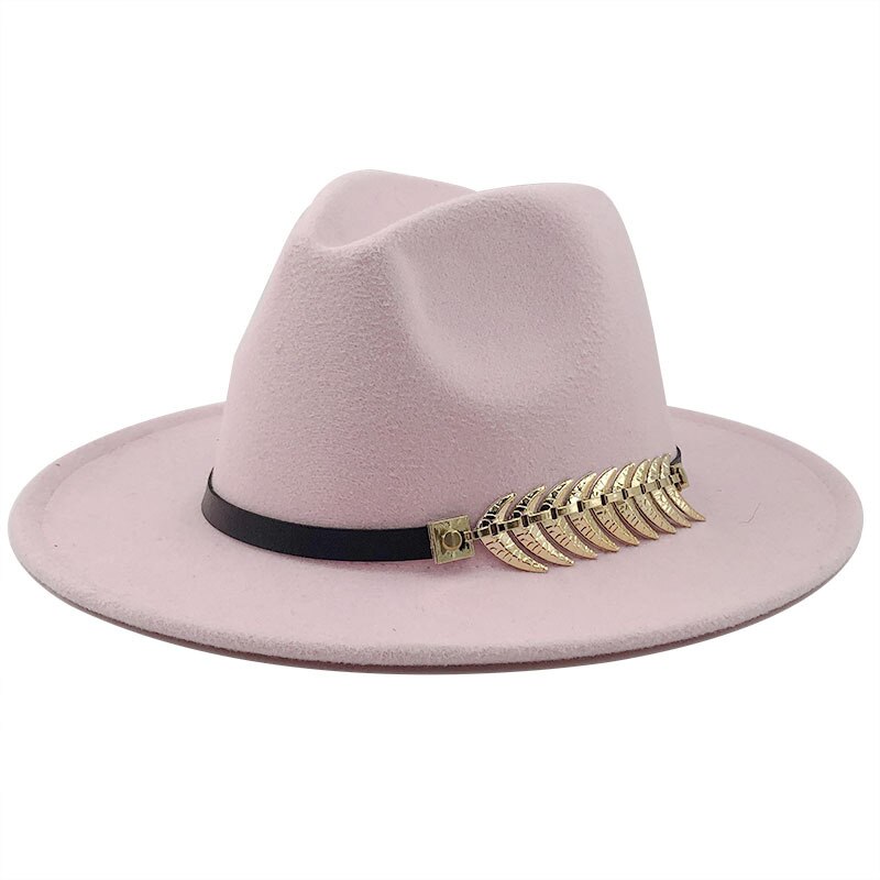 Female Jazz Hat Fashionable Metal Leaf Jazz Hat Woolen Winter Fedora Hat for Women: Pink