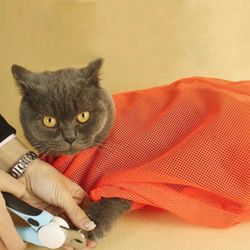 De malla bolsa de baño para gatos aseo lavado bolsas gato baño bolsa limpia antiarañazos morder moderación gato suministros de uñas de