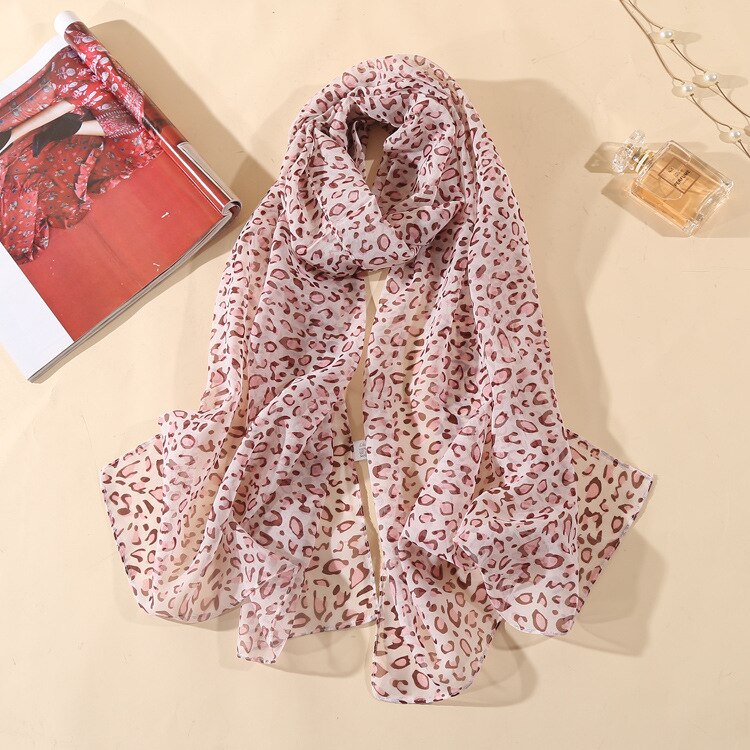 Foulard Long en soie imprimé léopard pour femme, châle léger en mousseline de soie, idéal pour le printemps et l'été: leopard A pink