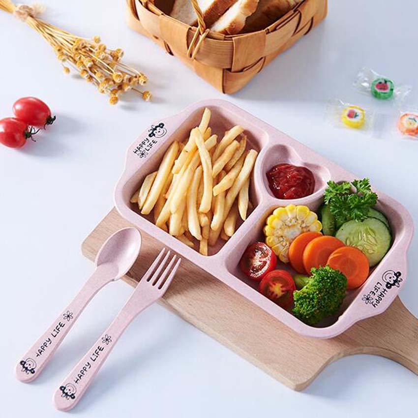 Cartoon Baby Dishes Wheat Fiber Sub-grid Plates Irregular Children Tableware For Infant Toddler Kids Feeding Utensils