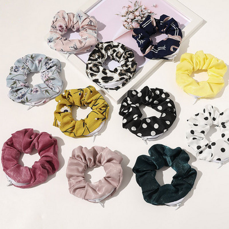 Women Satin Zip Scrunchies Elastic Velvet Hairbands Leopard Crunchy Hair Ties Pocket Scrunchie Holder With Zipper Headwear
