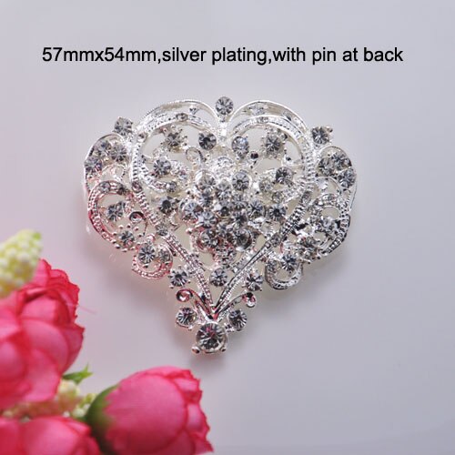 (S0650) 10 pcs/lot, broche en strass vintage 57mm x 54mm, avec broche à l'arrière, placage d'argent