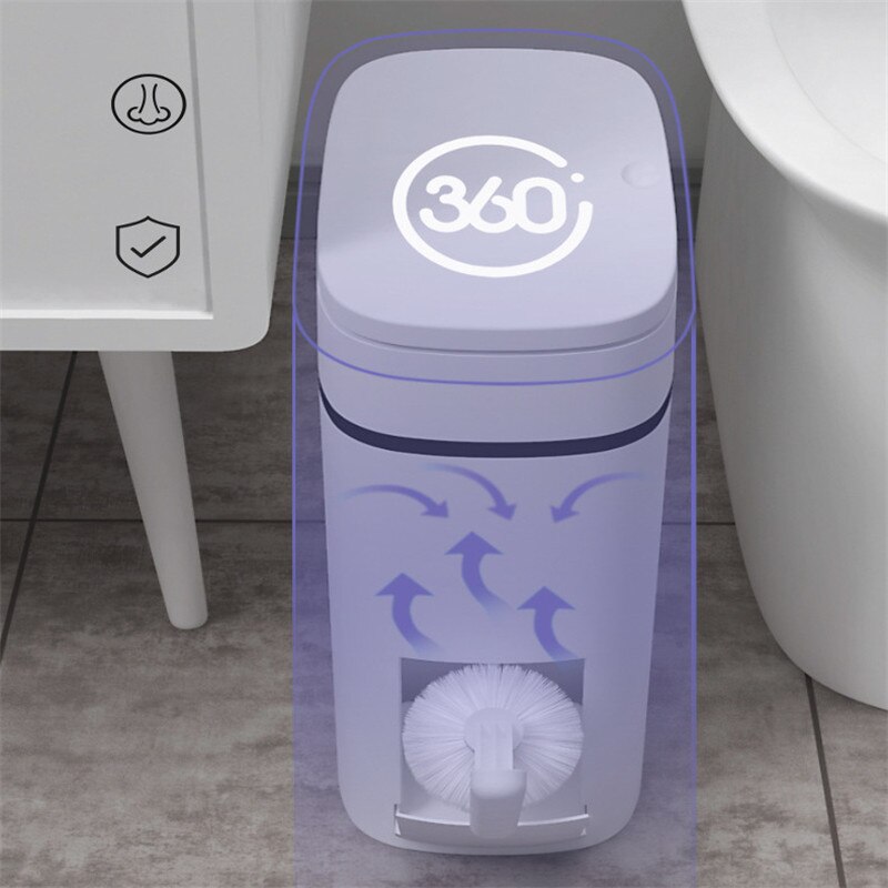Narrow Bathroom Trash Can Set with Toilet Brush Plastic Dustbin Waste Bin Garbage Bucket Garbage Bag Holder Dispenser 2 in 1