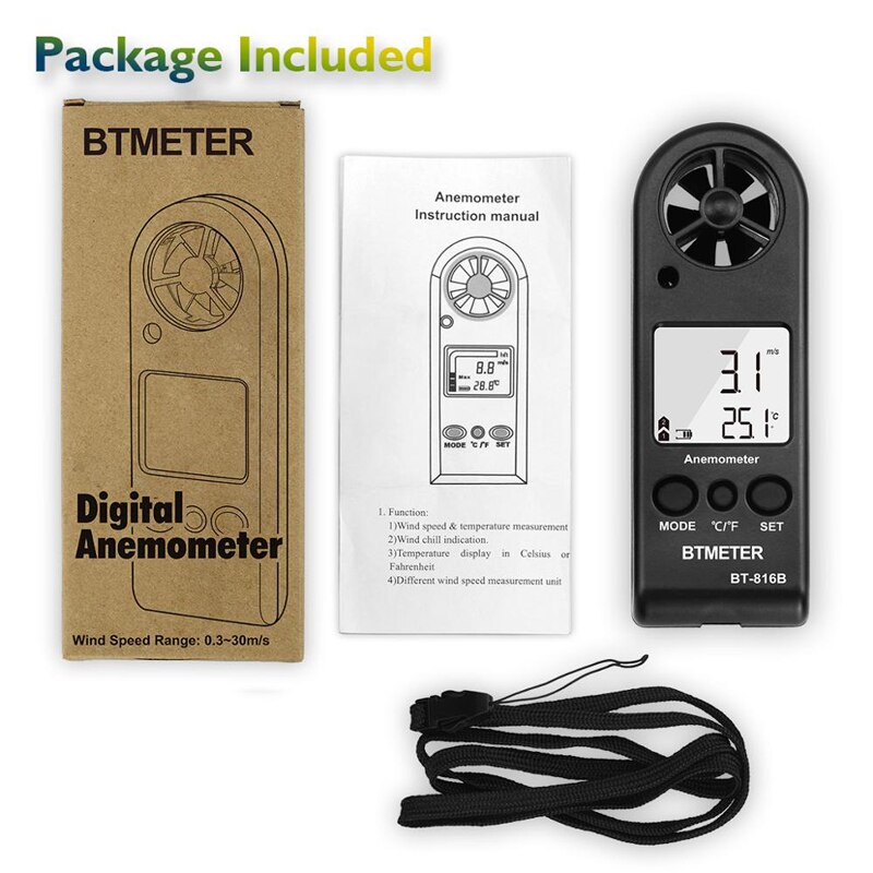 BTMETER BT-816B Anemometer Wind speed Handheld Digital Wind Speed Meter Portable Anemometer Sensor Wind Speed with Thermometer