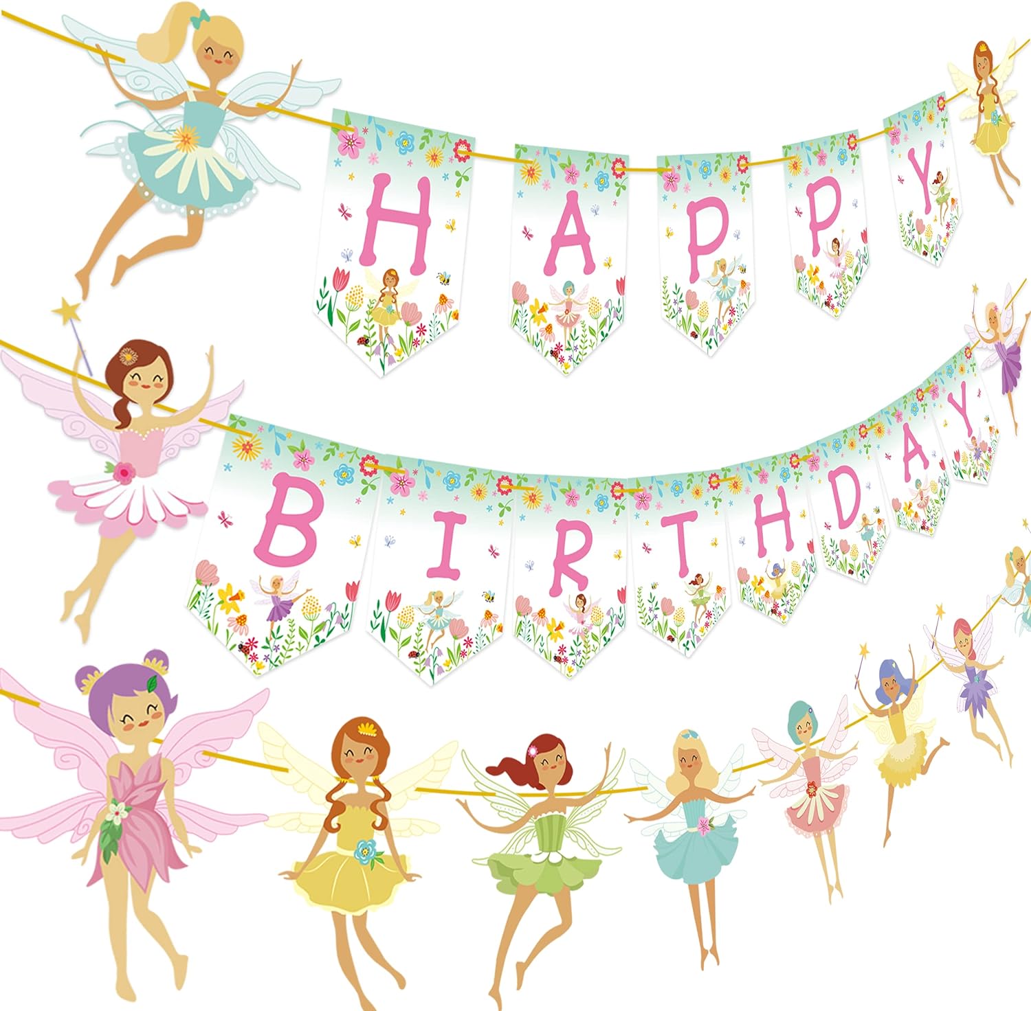 Spring Fairy Birthday Party Decoration Flower Fairies Girls Happy Birthday Hanging Banner Decor for Fairy Theme Birthday Party