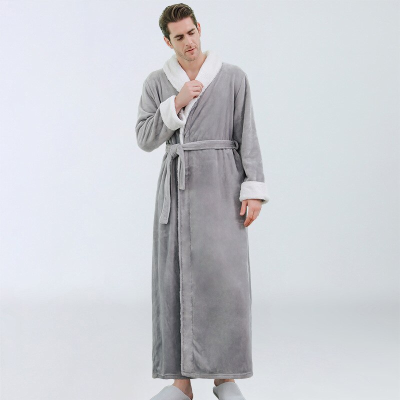 Fdfklak Men's Flannel Bathrobe Winter Long Thick Warm Sleepwear Long Sleeve Dressing Gown Male Casual Home Wear