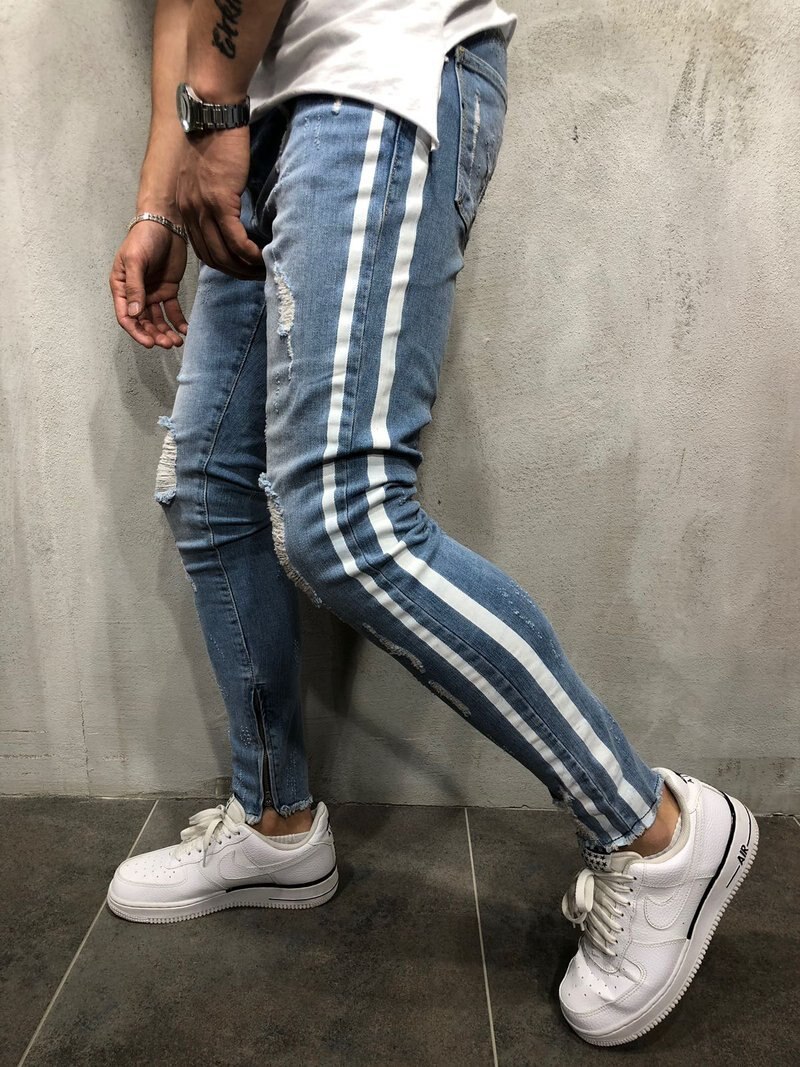 Homme jean slim motard détruit effiloché coupe Denim déchiré Denim pantalon rayure latérale Jogging crayon pantalon