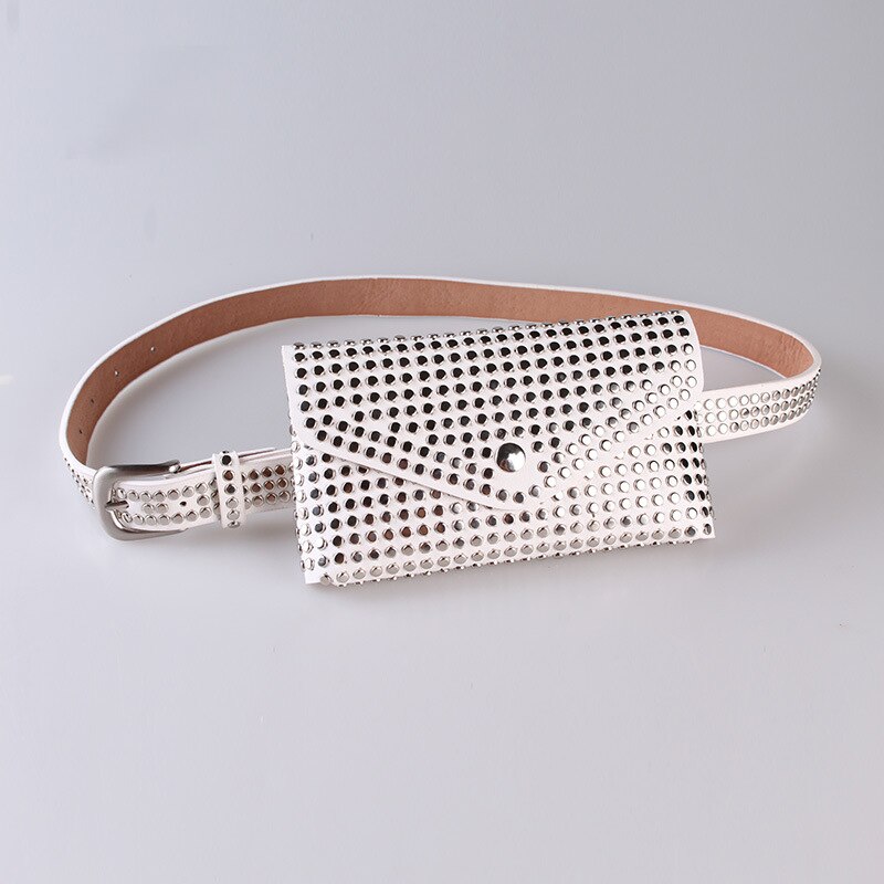 Women Waist Bag Female Belt Brand Pu Leather Purse Rivet Fanny Pack Ladies Waist Pack Belly Bags: White